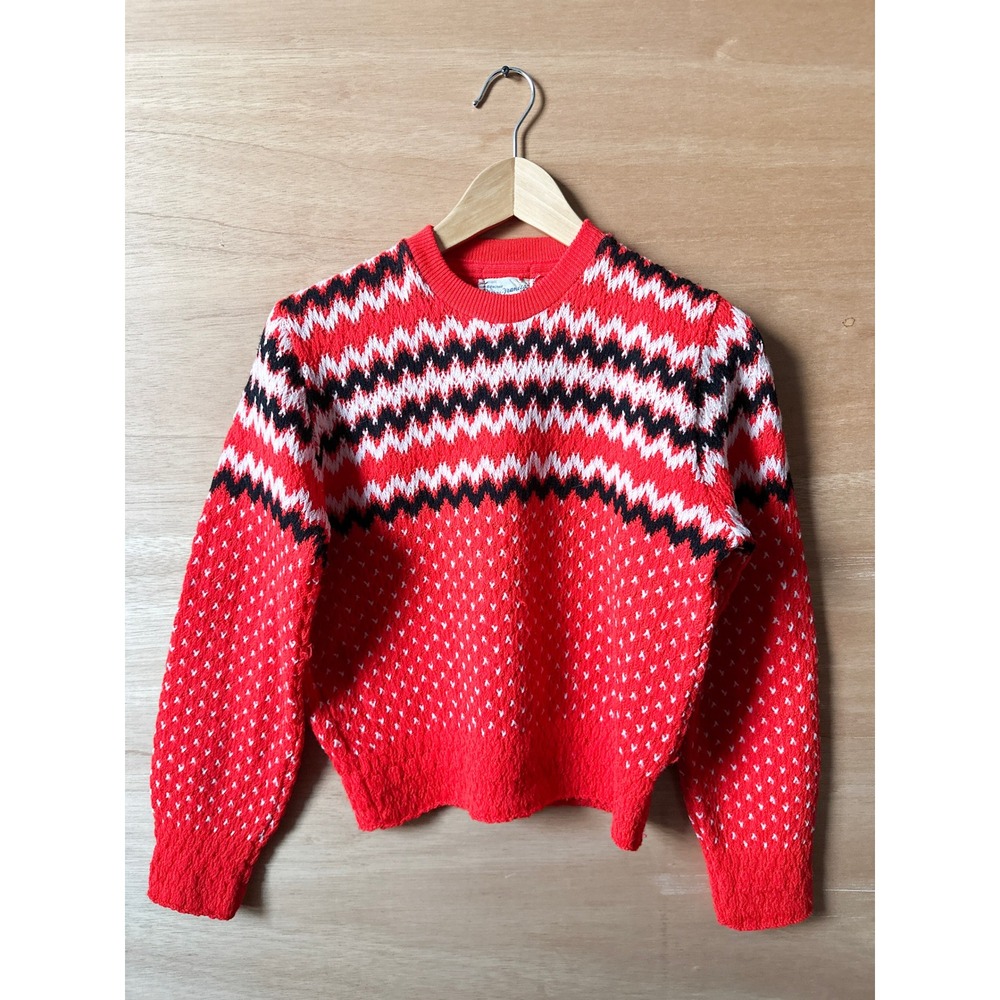 Vintage Merri Frances Womens Red White Black Zigzag Fair Isle Wool Sweater Small